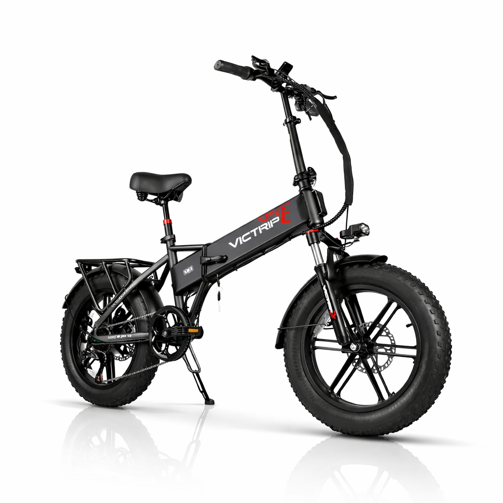 Bici elettrica nera Victrip T5 pieghevole fat tire con lunga autonomia, e-bike da lavoro e consegne, motore 250W e autonomia fino a 80 km