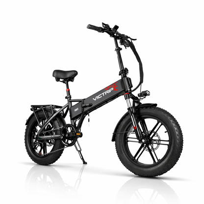 Bici elettrica nera Victrip T5 pieghevole fat tire con lunga autonomia, e-bike da lavoro e consegne, motore 250W e autonomia fino a 80 km