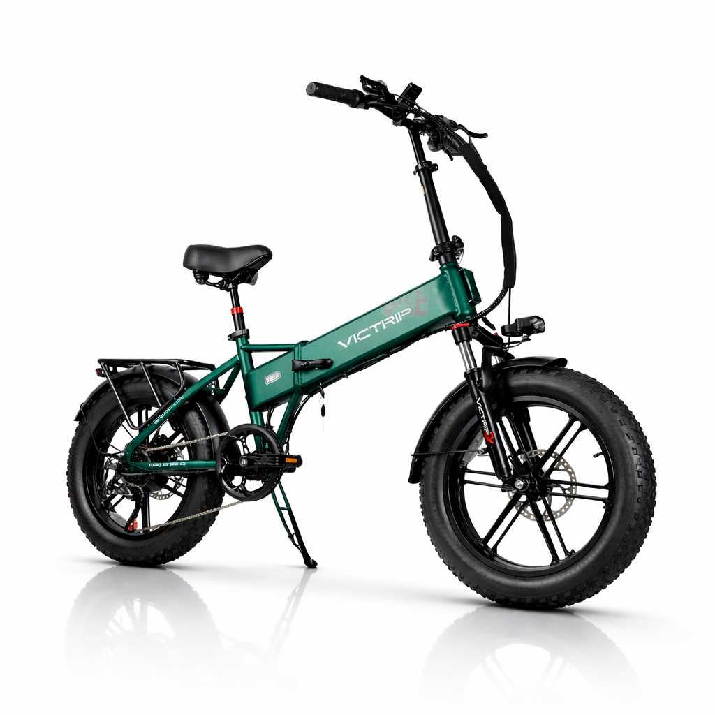 Electric bike fat tire Victrip T5 folding long range ebike for work and delivery, electric cycle 250W with 80km range on white background with reflection