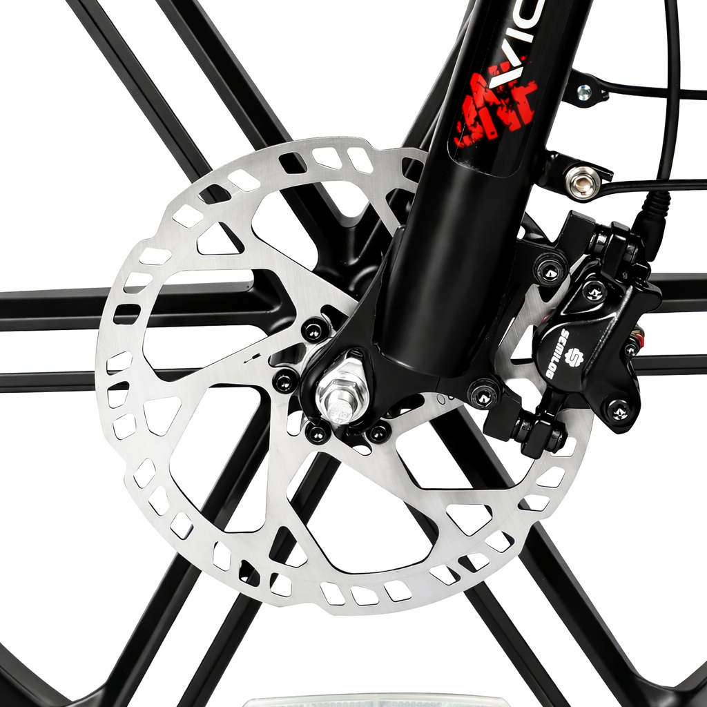 Freno a disco bici elettrica Victrip T5 con rotore in acciaio e pinza freno, dettaglio ruota fat tire 20x4.0, sistema frenante e-bike pieghevole ad alte prestazioni