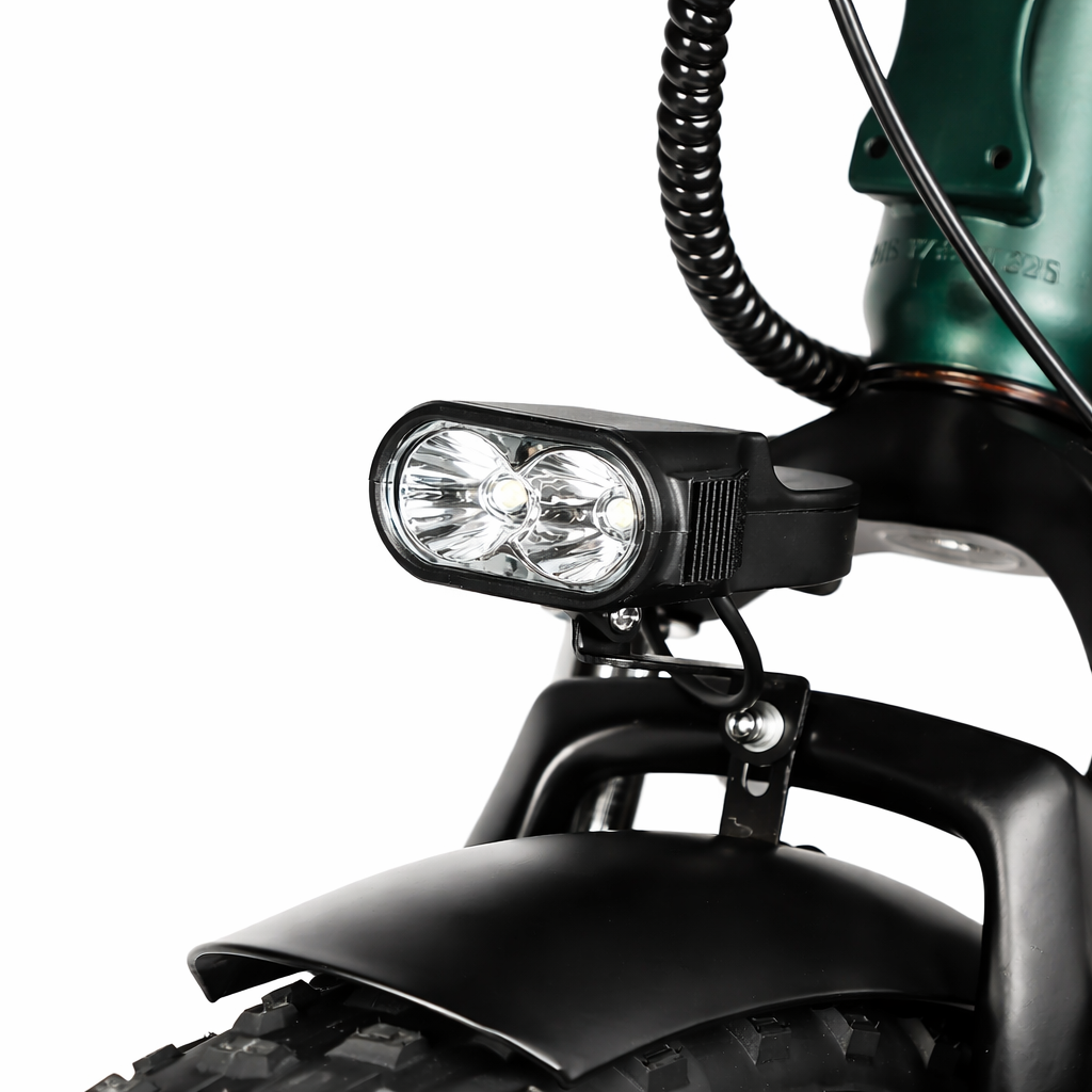 Luce anteriore LED bici elettrica Victrip T5 con doppio faro, illuminazione potente per e-bike pieghevole, dettaglio fanale frontale per sicurezza notturna