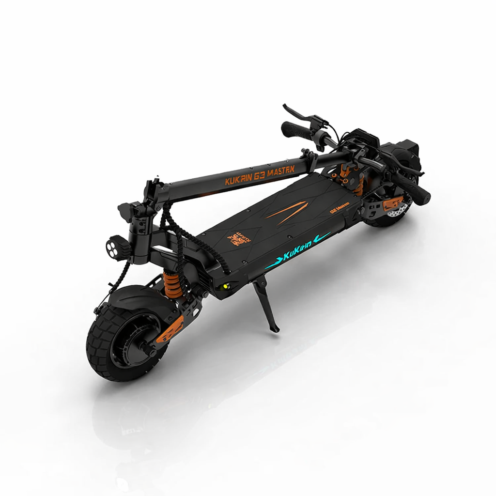 Black electric scooter with orange accents on a white background