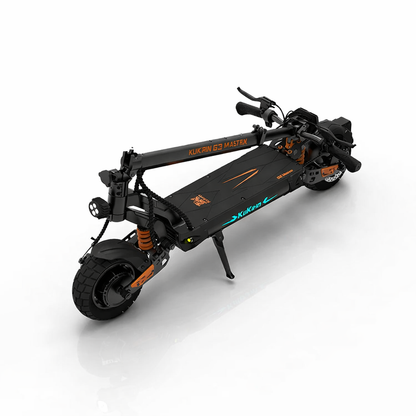 Black electric scooter with orange accents on a white background